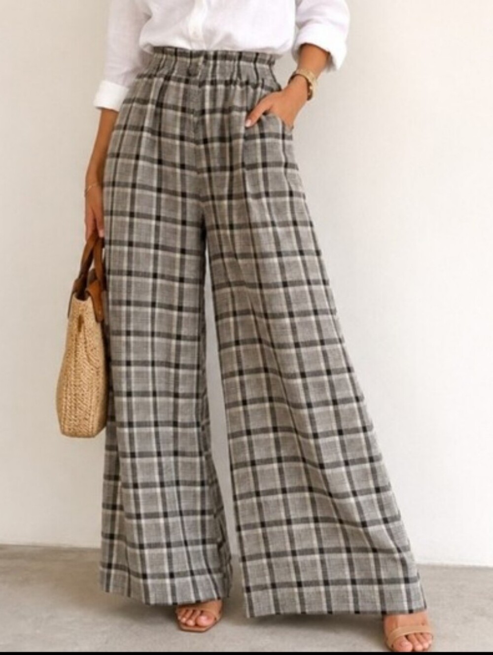Massimo Dutti Gray Plaid Wide-Leg Linen-Blend Pants